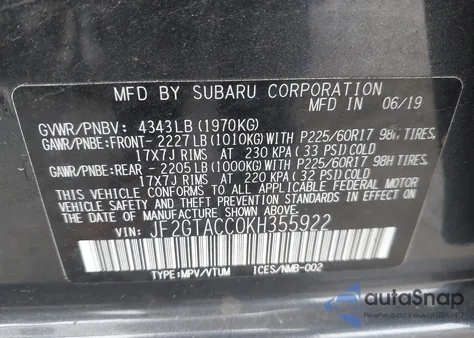 2019 Subaru Crosstrek 2.0I Premium из США, поврежденный, VIN JF2GTACC0KH355922